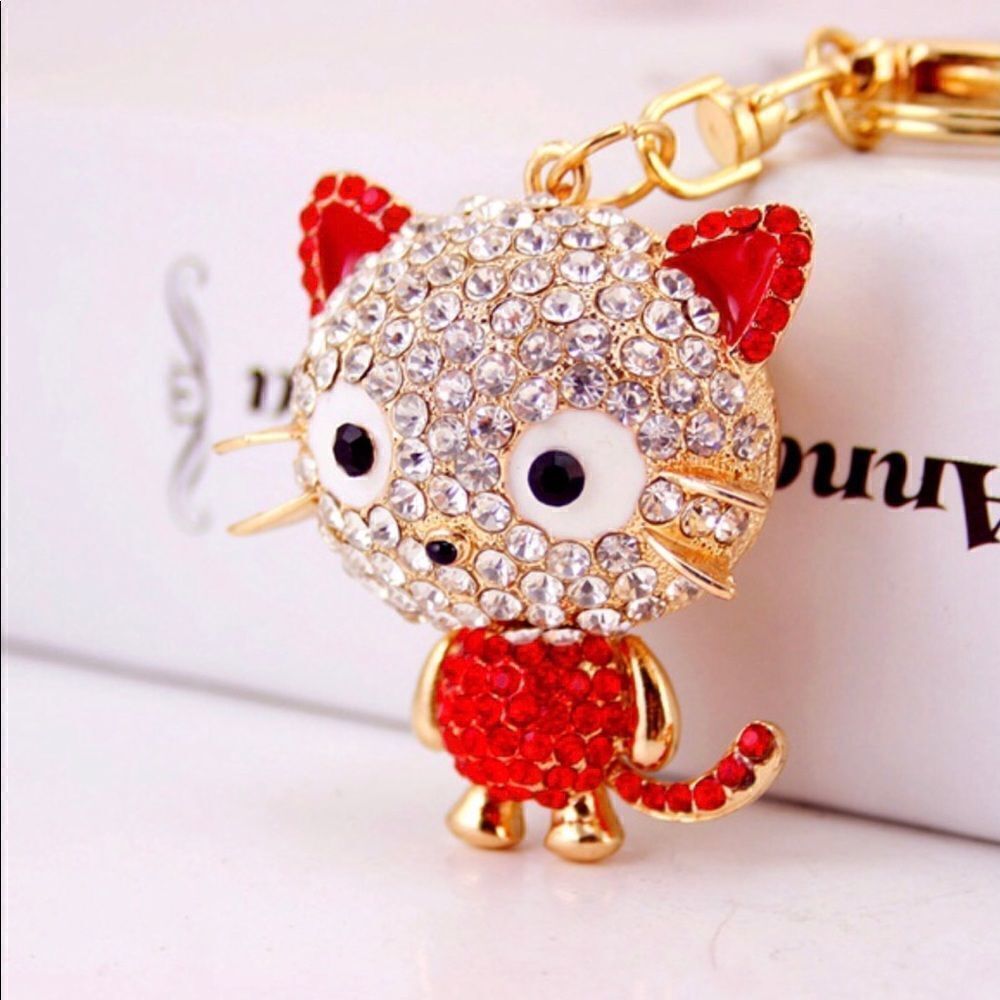 Kitty Keychain Charm- Sparkly Red & White